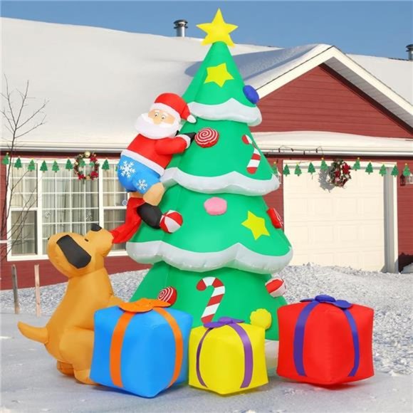 8FT Inflatable Santa Claus and Snowman Christmas Tree w/LED  7 FT Christmas Tree Inflatables Outdoor Decor w/ Claus & Gift Boxes, LED Lights